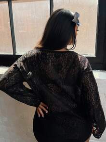 Dazy Plus Solid Color Large Scoop Neck Half-Button Long Sleeve T-Shirt Spring Summer - Black - View 2