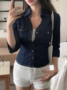 DAZY Women's Turn-Down Collar Washed Elegant Korean Style Casual Denim Top Fall - Blue - View 1