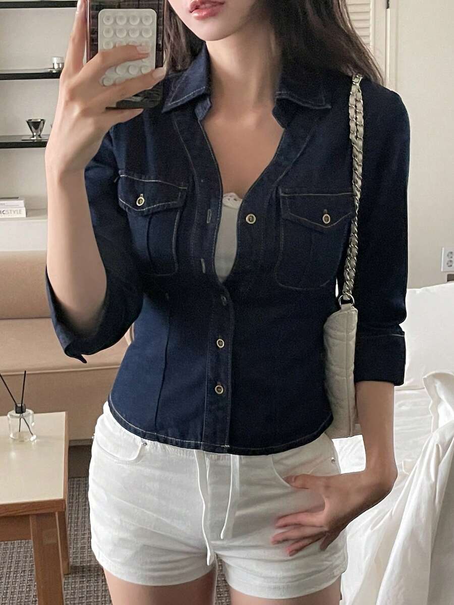 DAZY Women's Turn-Down Collar Washed Elegant Korean Style Casual Denim Top Fall - Blue - View 1