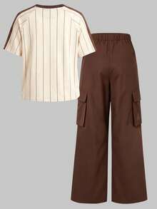 SHEIN Sparklyn Teen Girls 2pcs/Set Short Sleeve Round Neck Comfortable Loose Fit Outdoor Sports Drop Shoulder T-Shirt And Cargo Pants S Set Back To... - Brown - View 2