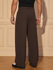 SIGLOCORE Pantalones largos holgados para hombre con hebilla de metal, rayas, bloques de color, pliegues y bolsillos - Marrón - Ver 2