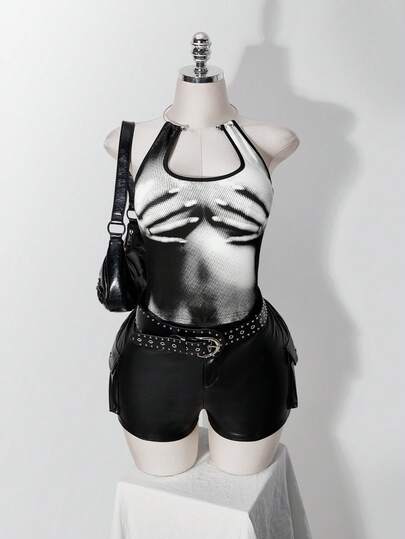 SHEIN ICON 大尺碼 Y2K 復古低領性感鏤空短版背心，印花圖案，女款