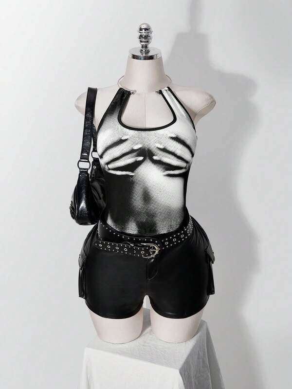 SHEIN ICON 大尺碼 Y2K 復古低領性感鏤空短版背心，印花圖案，女款