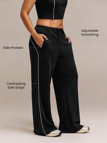 GLOWMODE 31" Plus Size SoftSerene Modal Lazy Lounge Silky-Smooth Relaxed Fit Contrast Color Sweatpants With Drawstring Waist & Side Pockets Daily Casual - Black - View 3