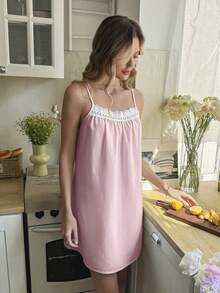 Snug Reverie Romantic Embroidered Lace Ruffled Slip Dress For Women - Pink - View 5