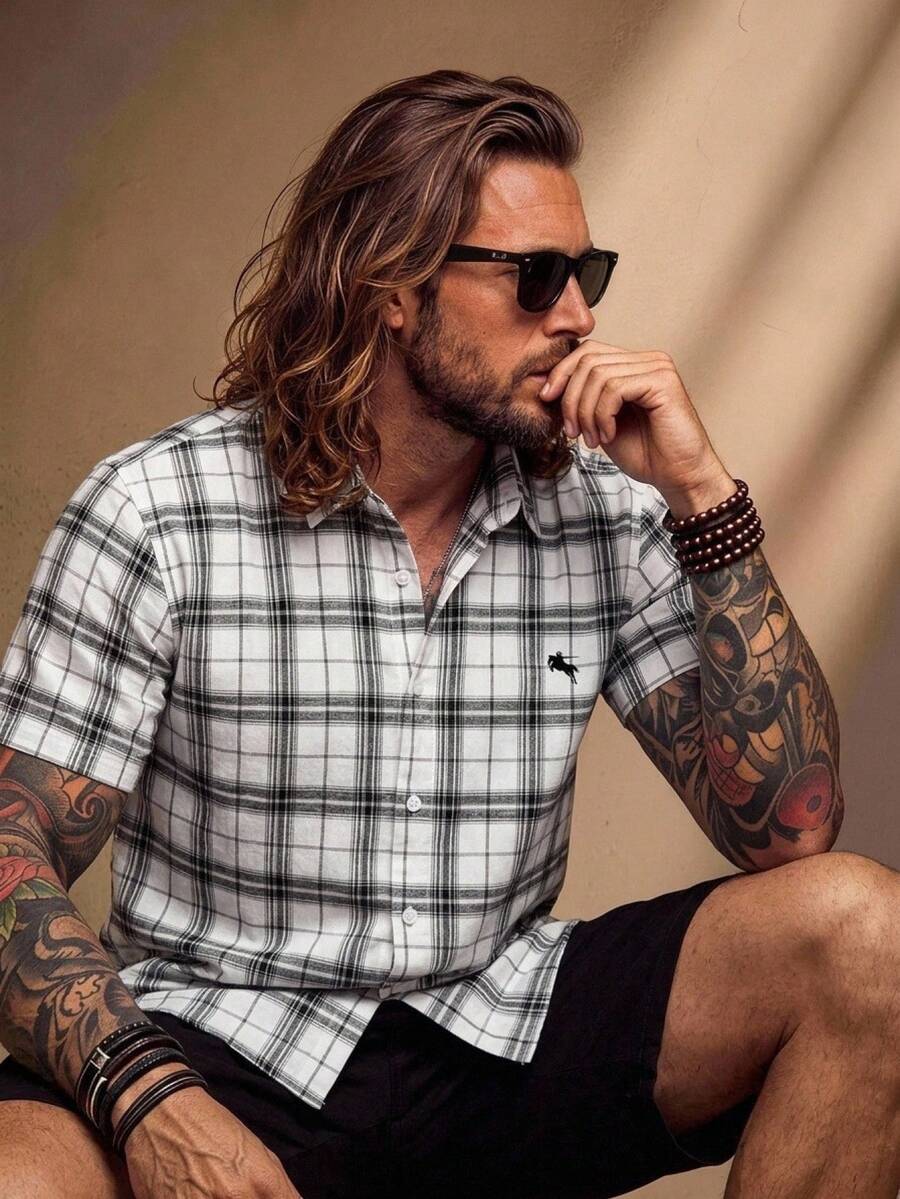Fenqiro Men's 2-Piece Black And White Checkered Shirt & Solid Shorts Set,Summer Casual Vacation Short Sleeve Button-Down Outfit For Daily Wear,Brunch,Gift - Multicolor - View 1
