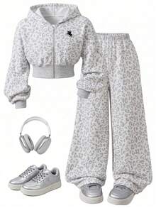 SHEIN 2件組 青少年女孩灰色豹紋連帽拉鍊運動衫套裝，秋冬款 - 灰色 - 查看 3