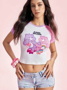 SHEIN X Care Bears Women's Round Neck Letter Cartoon Print Colorblock Slim Fit Versatile Casual Daily T-Shirt - Multicolor - View 6