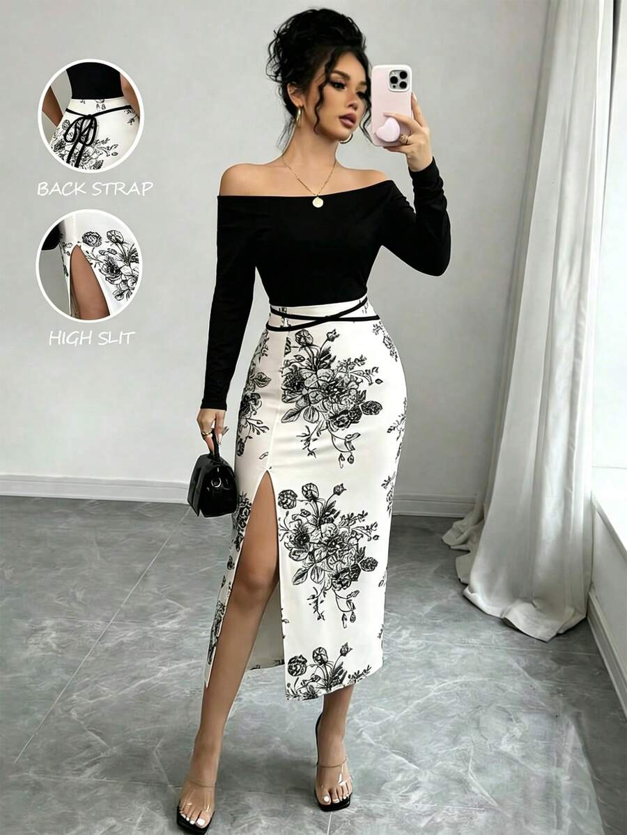 Elenzga Women's Colorblock Patchwork Floral Print High Slit Off-Shoulder Midi Dress - Multicolor - View 1