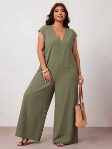 Enliva Plus Size Black Cotton Jumpsuit With Loose V-Neck And Pockets - Army Green - View 3