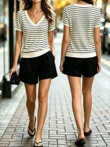 SHEIN LUNE Women's Fashionable Versatile Striped V-Neck Short Sleeve T-Shirt And Casual Coastal Shorts 2-Piece Set Vacation Black And White Summer - Multicolor - View 1