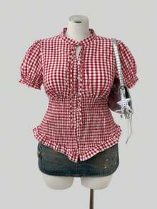 Sunspun Plus Size Women's Plaid Shirred Design Summer Commute Vacation Shirt - Multicolor - View 1