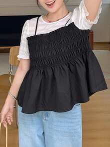 Dazy Plus Contrast Color Patchwork Shirred Fitted Casual Pullover Doll Blouse Short Sleeve Spring Summer Shirt For Girls - Black - View 7