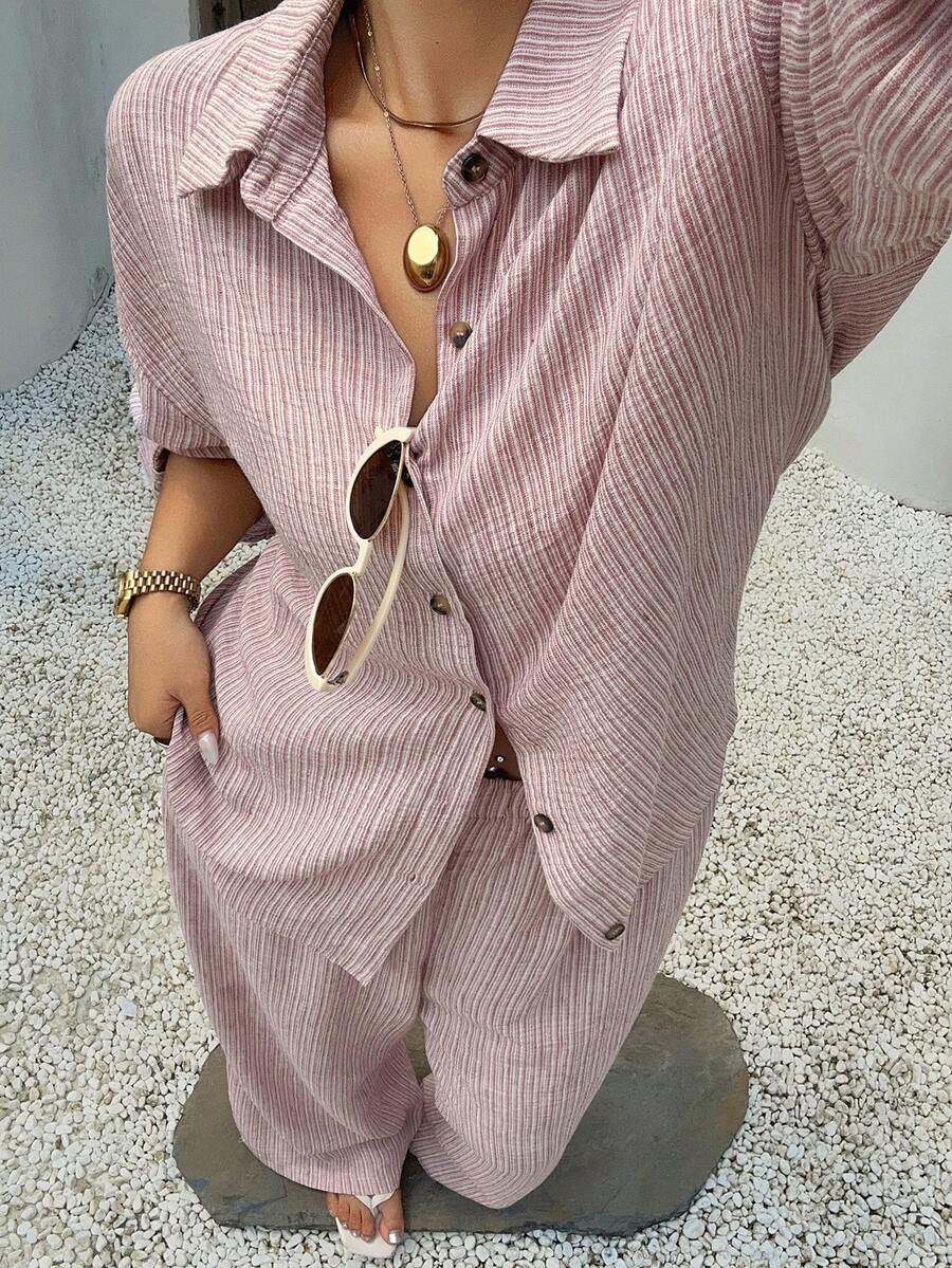 Dazy Plus Western Style Beach Vacation Solid Color Faux Denim Linen Loose Minimalist Spring/Autumn Plus Size Women 2-Piece Set Summer - Baby Pink - View 1