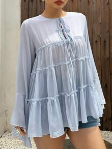 Dazy Plus Plus Size Round Neck Ruffle Flare Sleeve Chiffon Patchwork Tie-Front French A-Line Pullover Blouse, Spring/Summer Long Sleeve Vacation - Baby Blue - View 6