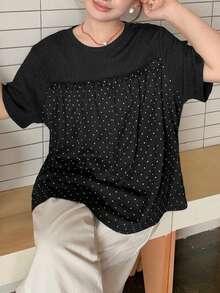 Dazy Plus 純色拼接波點寬鬆短袖休閒學院風可愛黑色春夏T恤 - 黑色 - 查看 5