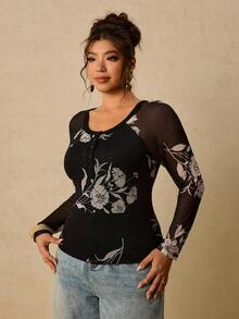 Travachic Damen-T-Shirt in Große Größen, lässig, Vintage, mit Blumenmuster, Mesh, Langarm, Basisschicht, für alle Jahreszeiten geeignet - Schwarz - Übersicht 4