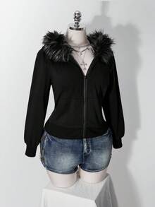 SHEIN ICON 大尺碼女款 Y2K 復古毛領拼接休閒運動外套夾克，附口袋 - 黑色 - 查看 7