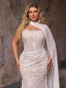 Glamrae Plus Size Elegant Classy Stretchy Lace Ruched Strapless Mermaid Dress Detachable Flounce Wedding Dinner Evening Formal Bachelorette Pink Winter - White - View 4