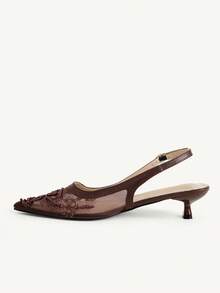 CUCCOO CHICEST 女款多色網布刺繡珠飾尖頭低跟後扣帶涼鞋，溫柔仙女風，春夏款，適合婚禮 - 深棕色1 - 查看 6