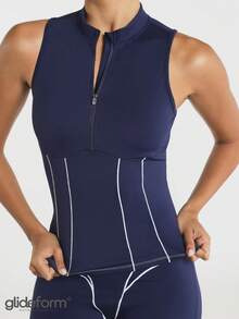 11SKNDS Sleeveless Mock Neck Half-Zip Athletic Tank Top With Contrast Piping Detail And Structured Corset-Style Waist Panel With Sweat-Wicking, Stretchy, Breathable, Quick-Dry & Buttery-Soft, For Gym Workout Fitness Yoga Pilates Studio, Running, Training & Hy-Rox - Royal Blue - View 1