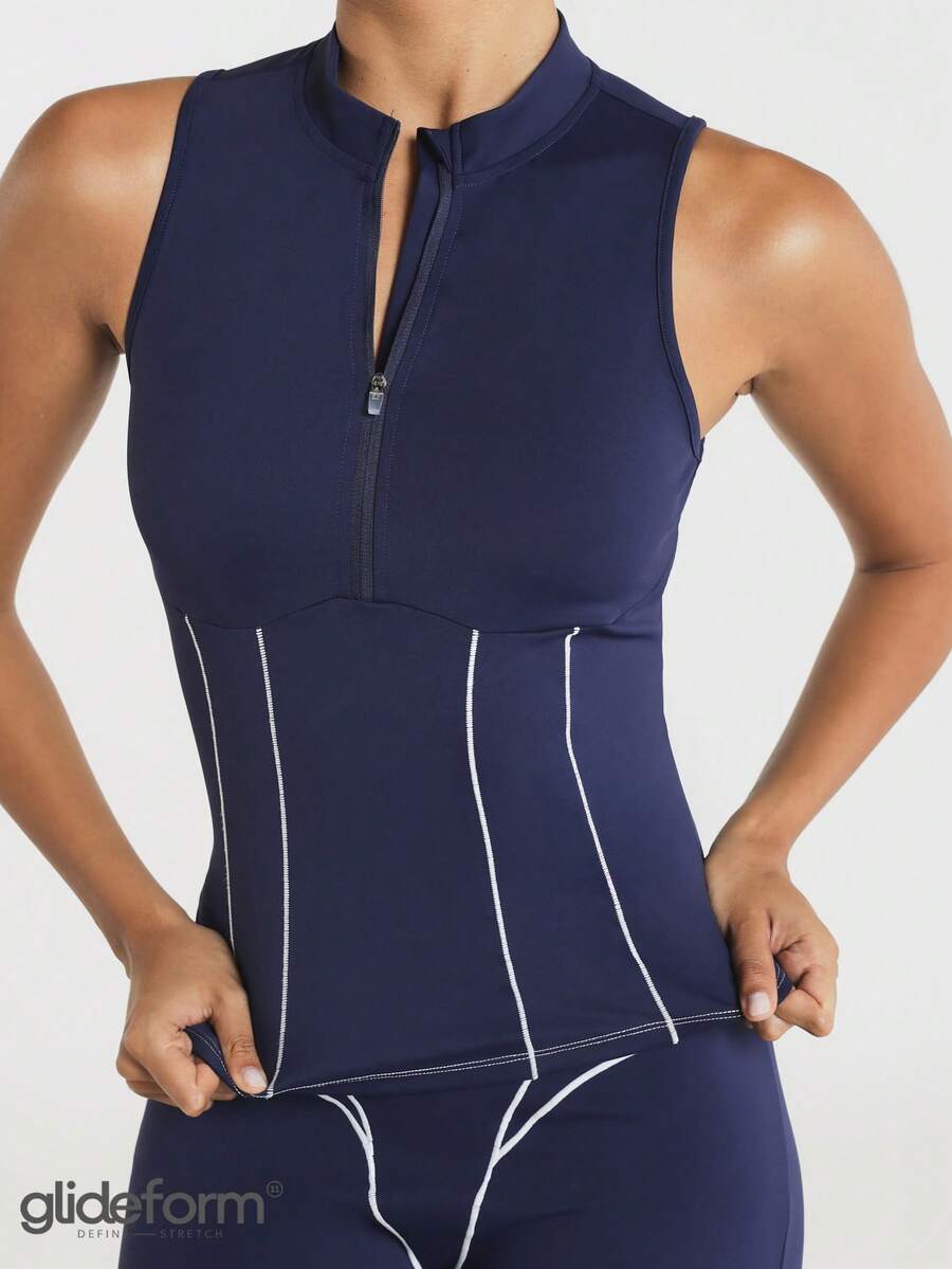 11SKNDS Sleeveless Mock Neck Half-Zip Athletic Tank Top With Contrast Piping Detail And Structured Corset-Style Waist Panel With Sweat-Wicking, Stretchy, Breathable, Quick-Dry & Buttery-Soft, For Gym Workout Fitness Yoga Pilates Studio, Running, Training & Hy-Rox - Royal Blue - View 1
