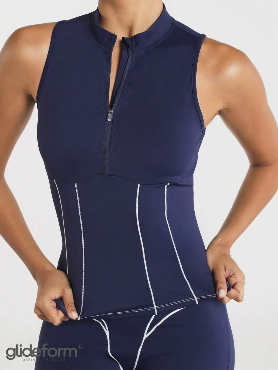 11SKNDS Sleeveless Mock Neck Half-Zip Athletic Tank Top With Contrast Piping Detail And Structured Corset-Style Waist Panel For Active Training