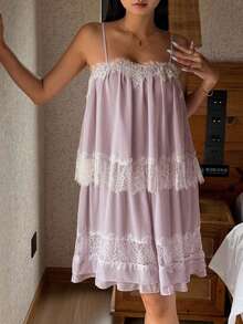 DAZY Romantic Vacation Colorblock Lace Patchwork Layered Ruffle Strap Nightgown For Women - Pink - View 6