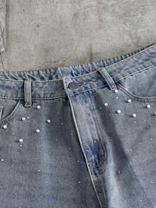 AXEPEAK Men's Black Washed Rhinestone StuddedBermuda Shorts - Medium Wash - View 4