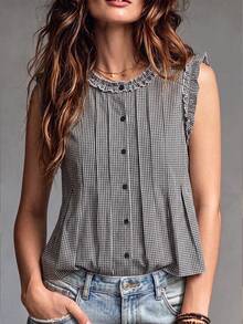 SHEIN Holidaya French Style Black And White Plaid Gingham Sleeveless Blouse, Ruffle Trim Neckline Pleated Front Button Down Casual Cute Tank Top Date Summer - Black - View 1