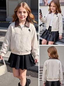 Tween Girls Long Sleeve 1pc Young Girls American Collegiate Style Light Apricot Jacket With Dark Brown PU Leather Collar, Front Zipper Closure - Khaki - View 5