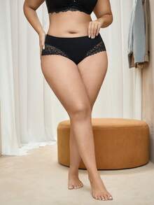 Bralution Plus Size Black Plain Contrast Lace High Waisted Panties With Medium Stretch Fabric For Women - Black - View 6