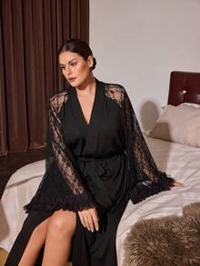 Slumberist Women's Sexy Lace Patchwork Long Plus Size Nightgown - Black - View 6