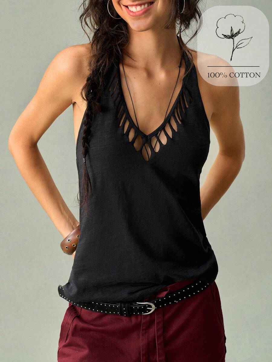 SoleilVie Women's Solid Color Halter Casual Versatile Daily Wear Top - Black - View 1