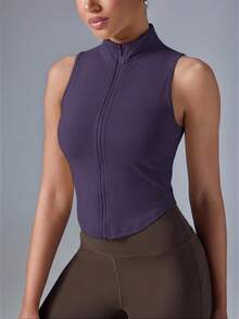 VARSIVA Camiseta deportiva sin mangas con cremallera delantera de unicolor para mujer - Morado - Ver 7