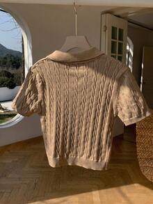 Comfortcana Women's Equestrian Embroidered Short Sleeve Button Half-Placket Knit Top - Khaki - View 2