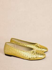 Rosivie Women's Woven Ballet Flats, Round Toe Bow Decoration Casual Soft Sole Slip-On Daily Walking Flats - Gold - View 2
