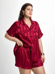 Slumbrini Plus Size Striped Jacquard Faux Silk Red Elegant Heart & Word Embroidered Short Sleeve Top & Shorts Robe Sleepwear Set Halloween Lingerie,Red - Red - View 6
