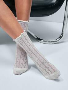 Softvol 1 Pair Polka Dot Ruffle Trim Ankle Socks - Japanese Lace Edge Mid-Calf Socks, Create Versatile School Girl Style - White - View 1