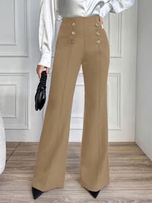 RueChic Ladies' Solid Color Pants With Button Decoration - Camel - View 3