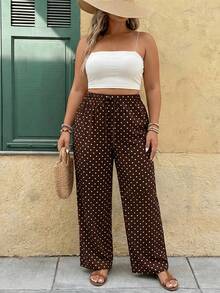 SHEIN PETITE CURVE 大尺碼女款波點圖案腰部繫帶休閒錐形長褲 - 彩色 - 查看 4