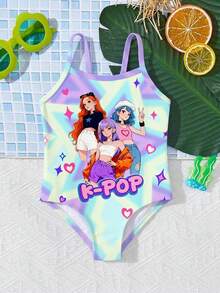 SHEIN 女婴时尚亮色闪光星星卡通印花泳衣，韩流卡通女孩图案，女婴休闲简约吊带连体泳衣，适合夏季海岛、海滩、度假 - 彩色 - 查看 2