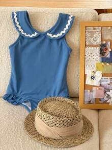 DAZY Baby Girl Casual Button Contrast Color Ruffle One-Piece Swimsuit Versatile Summer Toddler - Blue - View 3