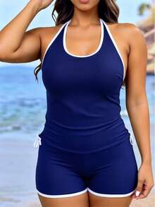 Swim Lushoire 女款大尺碼拼色圓領可調式肩帶後背交叉側邊抽繩抓皺修身上衣搭配高腰比基尼泳褲，優雅性感休閒海灘度假背心比基尼套裝 - 藍白色 - View 4