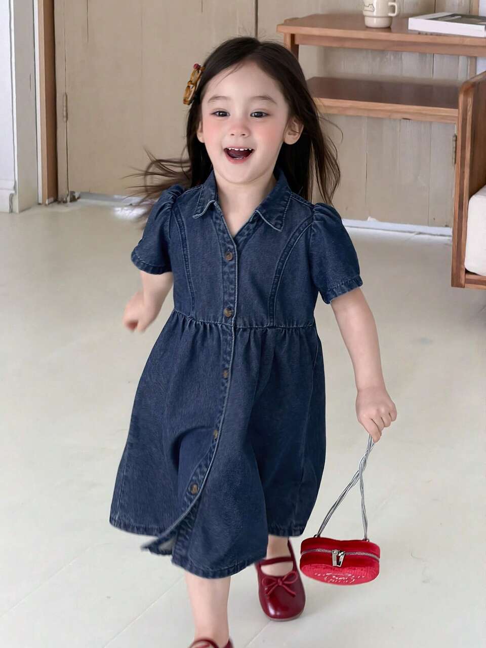 Infant/Baby Girl Turn-Down Collar Washed Korean Style Casual Denim Dress Summer Toddler
