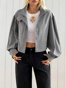 SHEIN EZwear 女款灰色立領燈籠袖短版夾克 - 灰色 - 查看 3