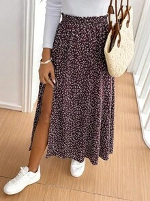 SHEIN Frenchy 女款碎花開衩荷葉邊裙 - 紫色 - 查看 1