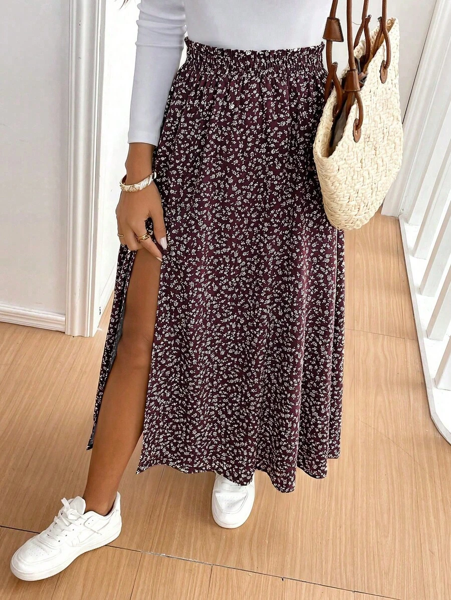 SHEIN Frenchy 女款碎花開衩荷葉邊裙 - 紫色 - 查看 1