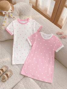 Elladie kids 2件套女童春夏秋季休闲时尚创意可爱爱心印花短袖T恤裙，舒适日常穿着，适合春、夏、秋季穿着。 - 彩色 - 查看 4