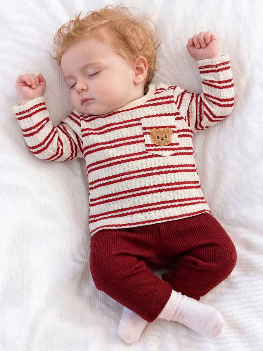 SHEIN Infant Baby Boy Waffle Knit Stripe Set Bear Chest Pocket Top Casual Basic 0-12M - Red and White - View 1